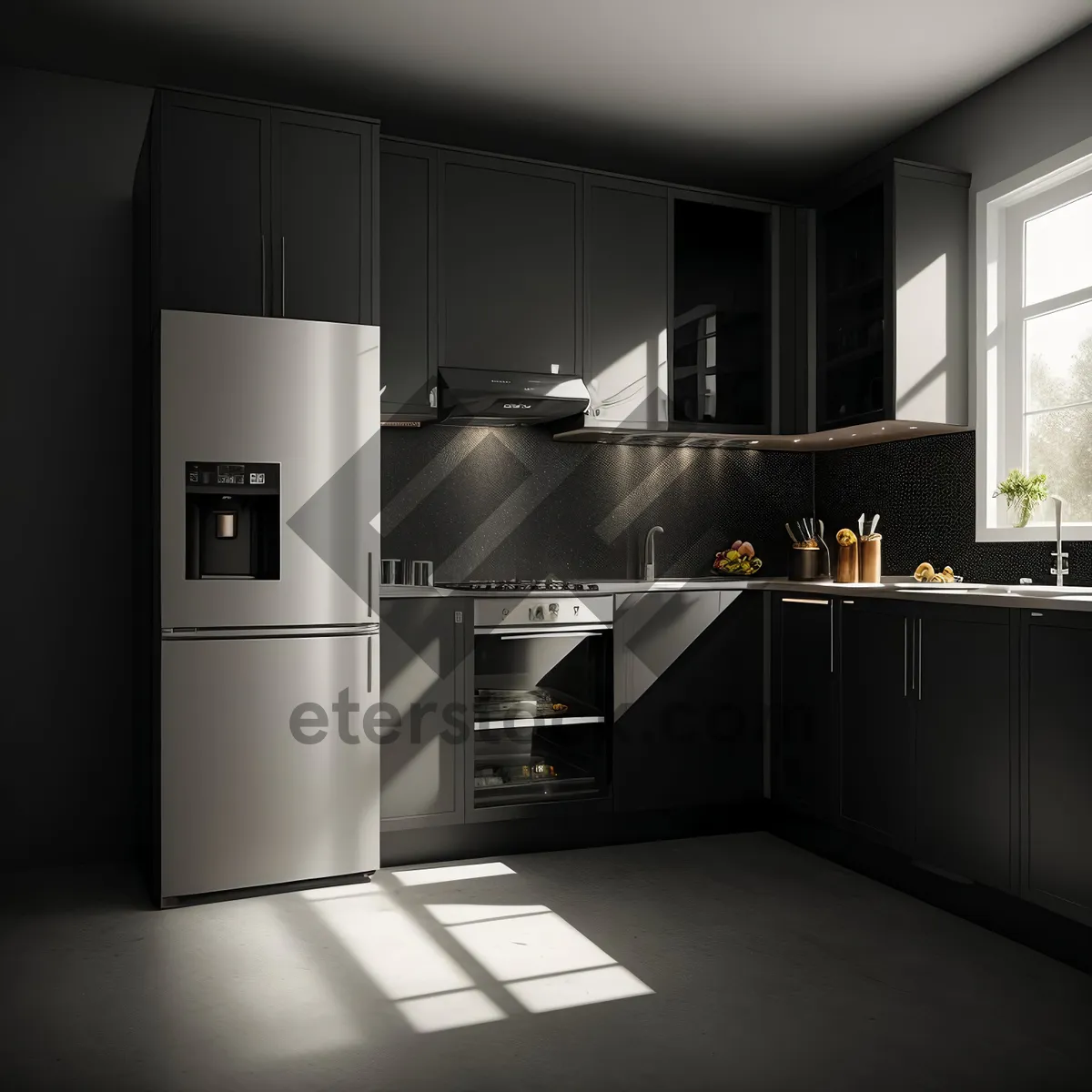 Picture of Modern kitchen with sleek wooden furnishings and steel appliances