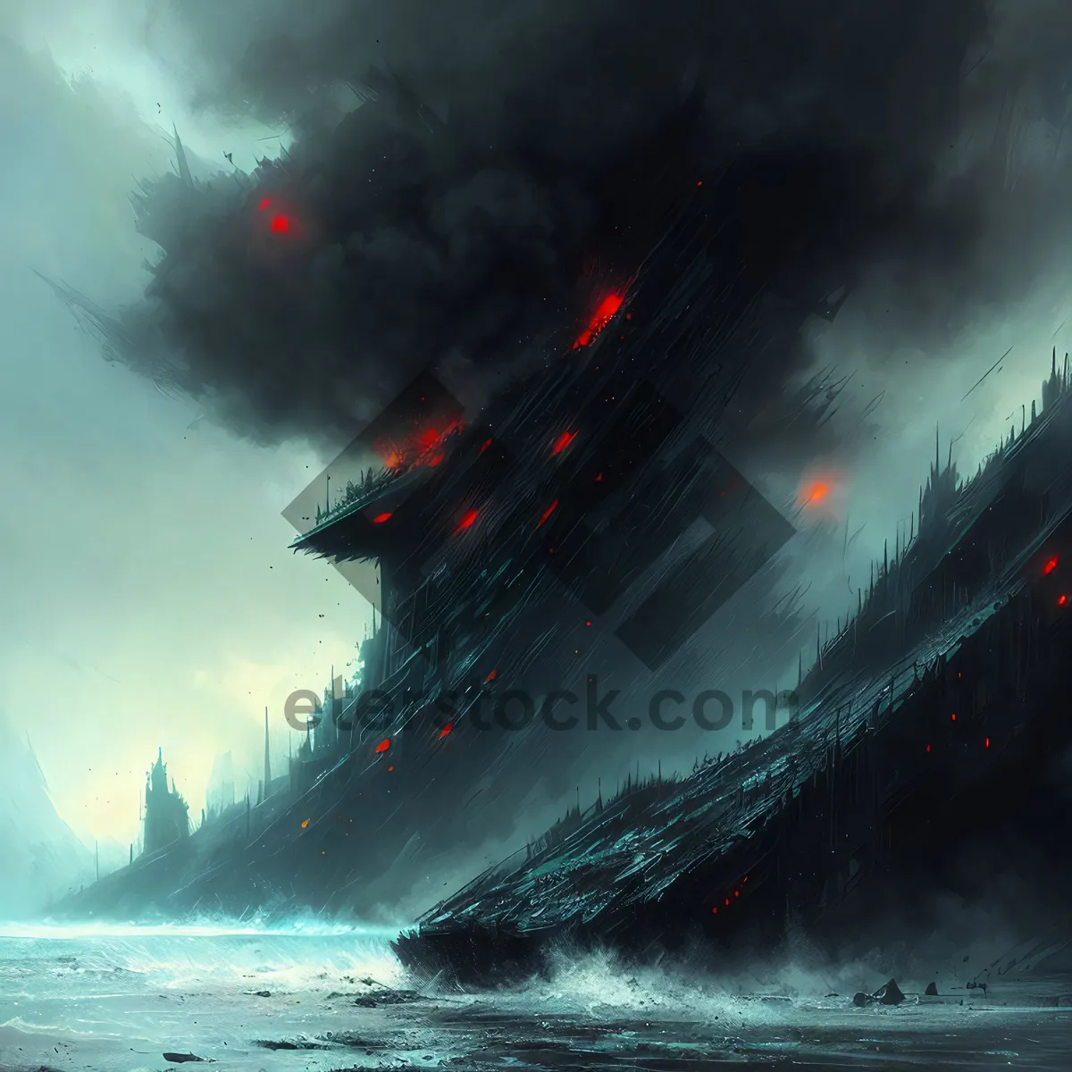 Picture of Tropical Ocean Volcano Landscape with Powerful Waves