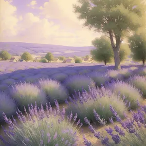 Lavender Field with Fiery Sky and Woody Plants