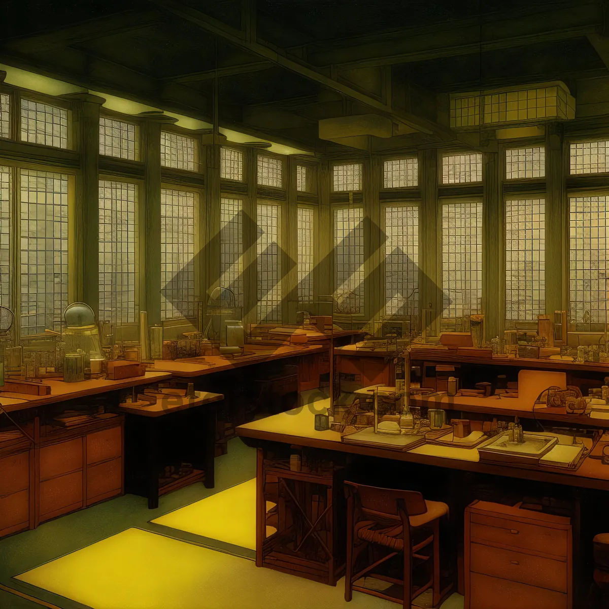 Picture of Modern kitchen interior design with wooden furniture and chair