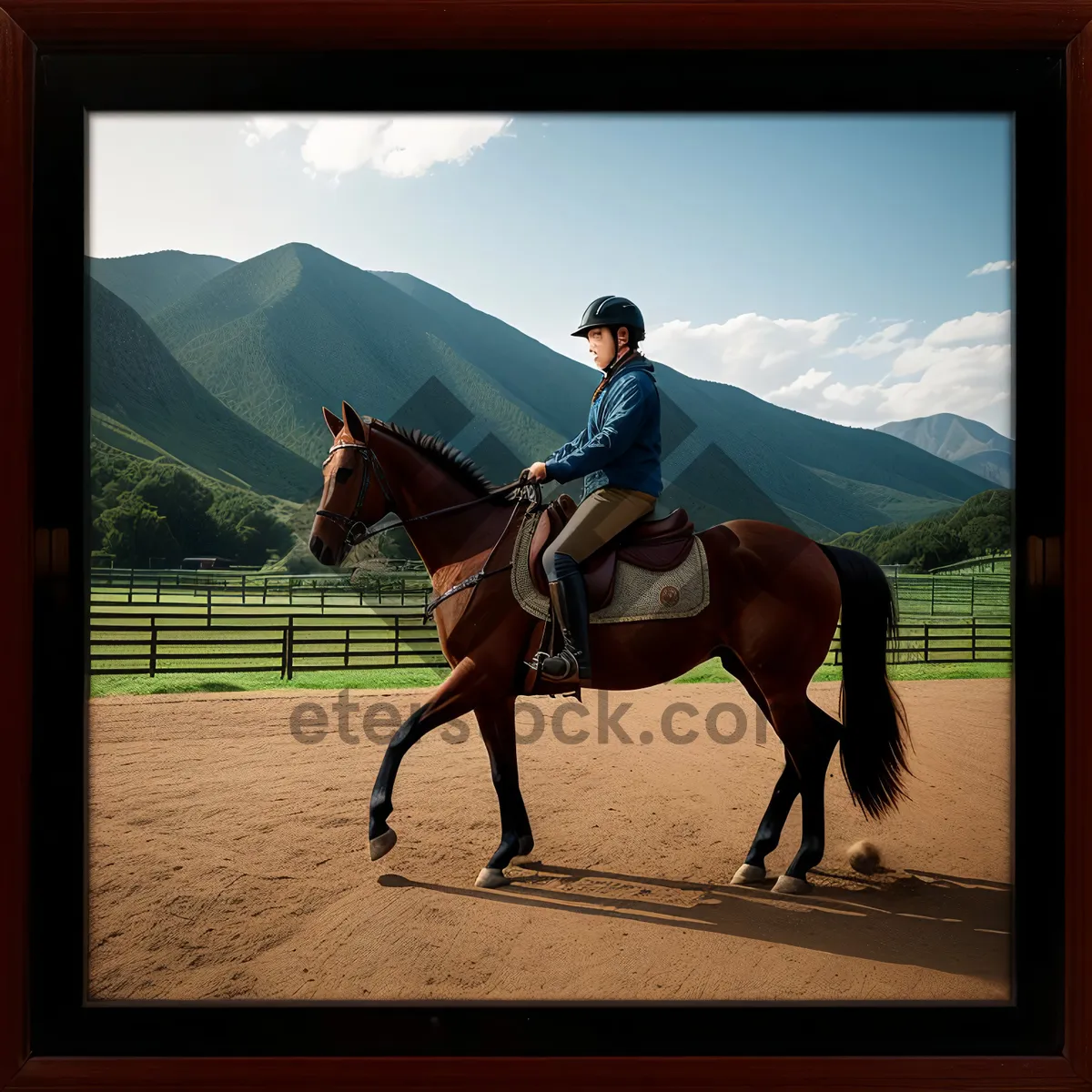 Picture of Thoroughbred equestrian rider with brown mare on farm