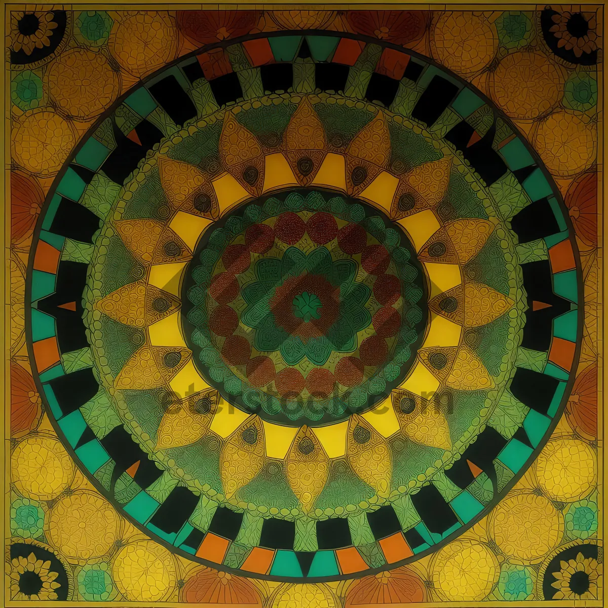 Picture of Vibrant Circle Mosaic: Artful Geometric Design in Antique Tile