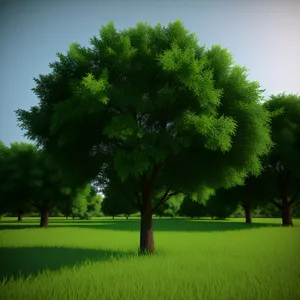 Vibrant Summer Skyline: Trees, Fields, and Clouds