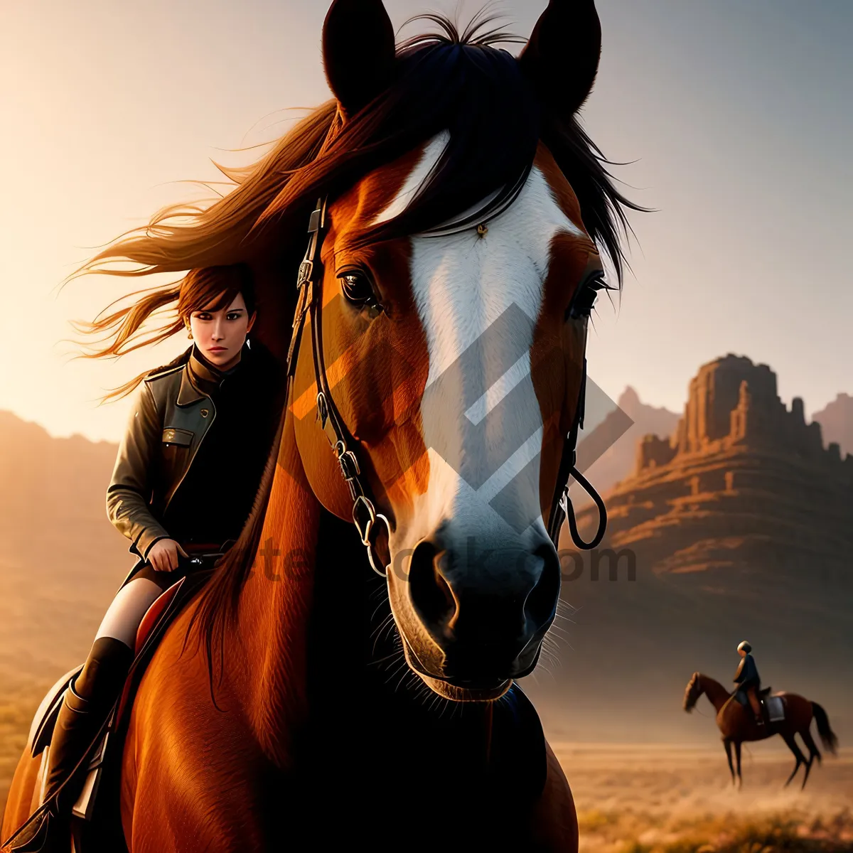 Picture of Saddle Sunset: Majestic thoroughbred stallion galloping towards the horizon.