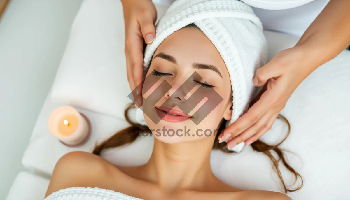 Picture of Attractive brunette lady relaxing during spa treatment