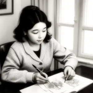 Professional woman smiling while solving crossword puzzle at desk.
