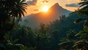 Tropical sunset over palm tree-lined beach.