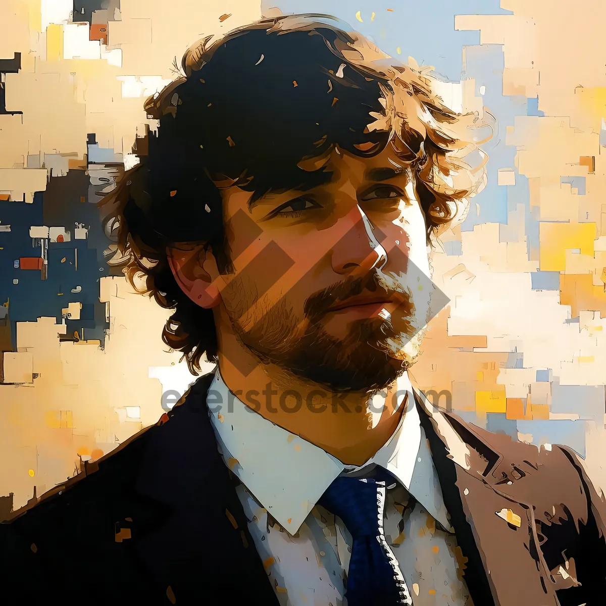 Picture of Happy businessman solving jigsaw puzzle in office