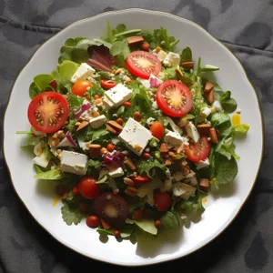 Healthy vegetable salad with cheese and gourmet dressing.