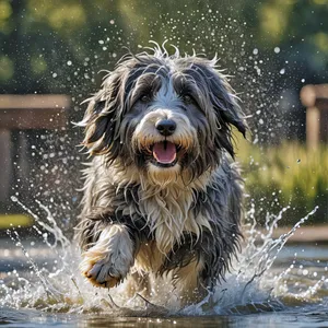 Bearde Collie Running Through a Water Puddle