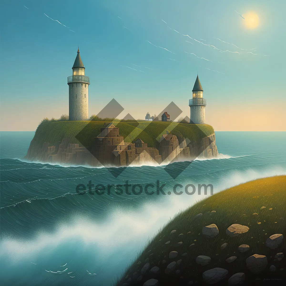 Picture of Historic lighthouse on city skyline by the ocean coast