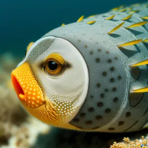 Tropical underwater puffer fish exploring vibrant coral reef.