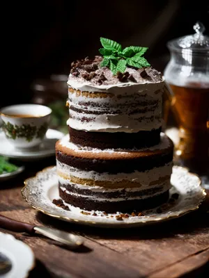 Sweet Cake on a Plate with a Cup of Tea