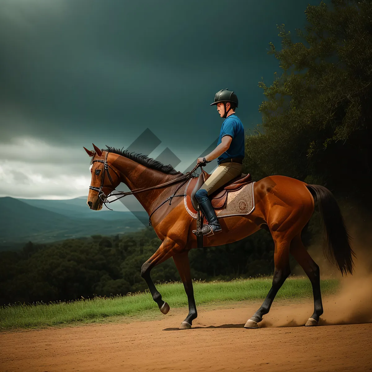 Picture of Graceful Thoroughbred Stallion Galloping in Rural Pasture