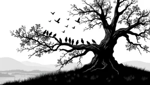 Black silhouette of oak tree branch and plant