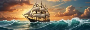 Pirate ship sailing at sunset on ocean waves