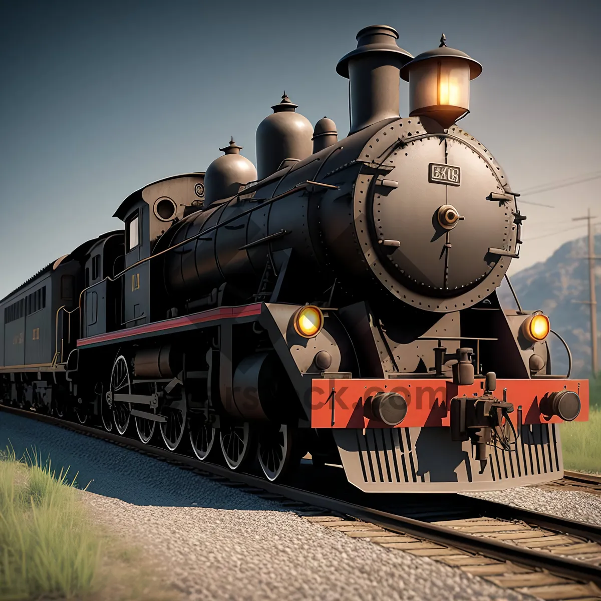 Picture of Vintage Steam Locomotive Chugging Across Railroad