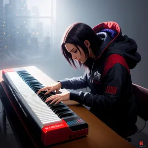 Musical Keyboard Player with Laptop and Synthesizer