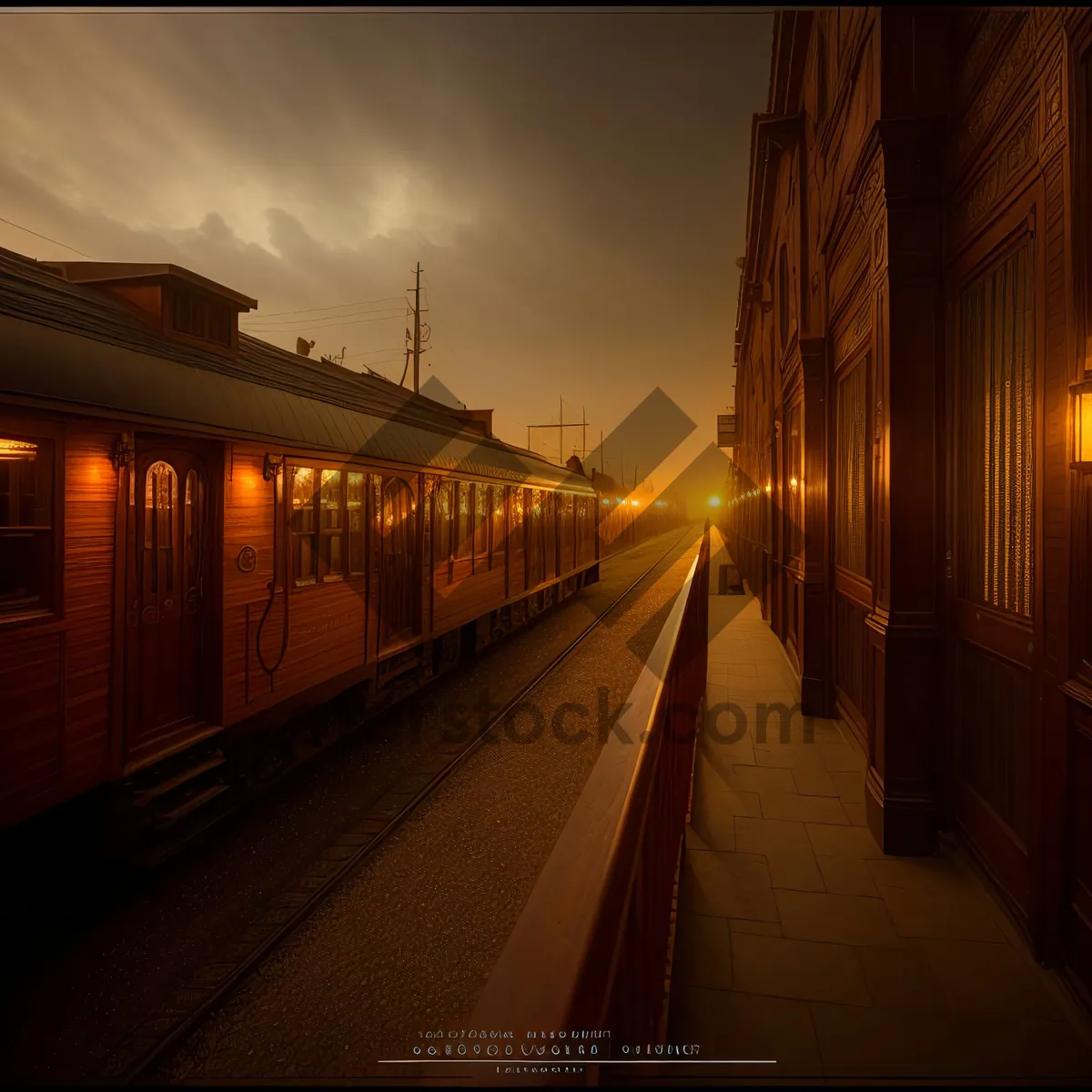 Picture of City Night Train Crossing River Bridge