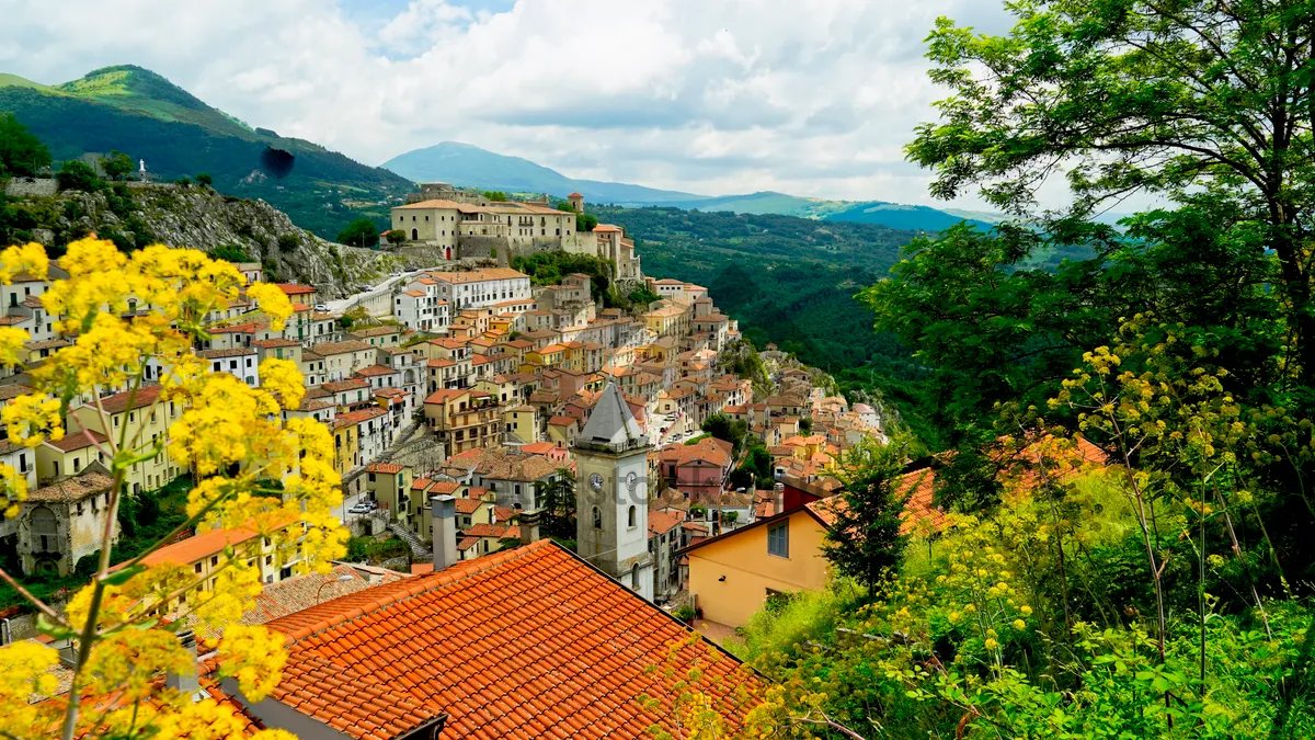 Picture of Cityscape with Church and Houses Against Skyline