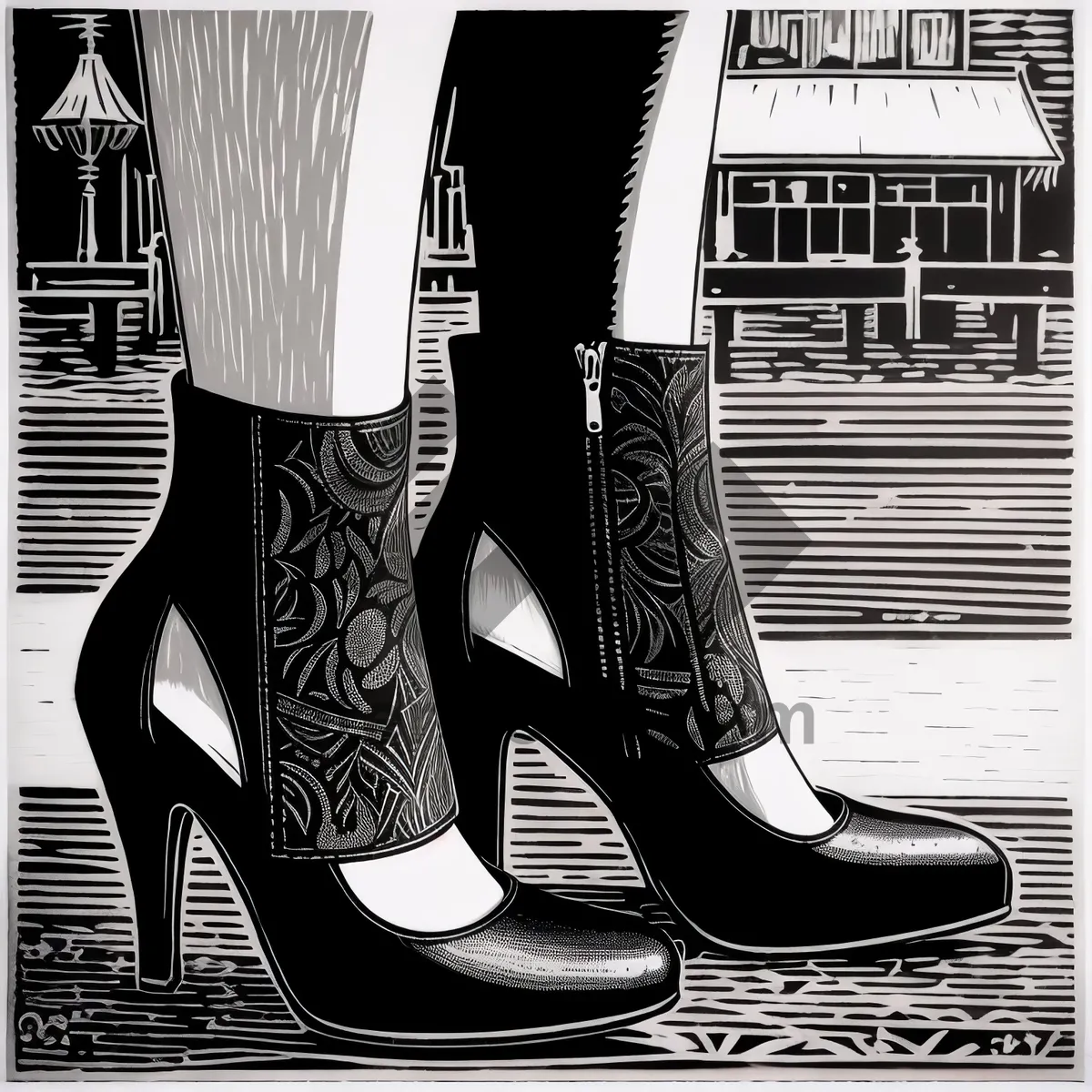 Picture of Black Leather Cowboy Boots with Lace Detail