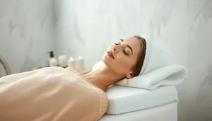 Attractive lady smiling on bed in home spa.