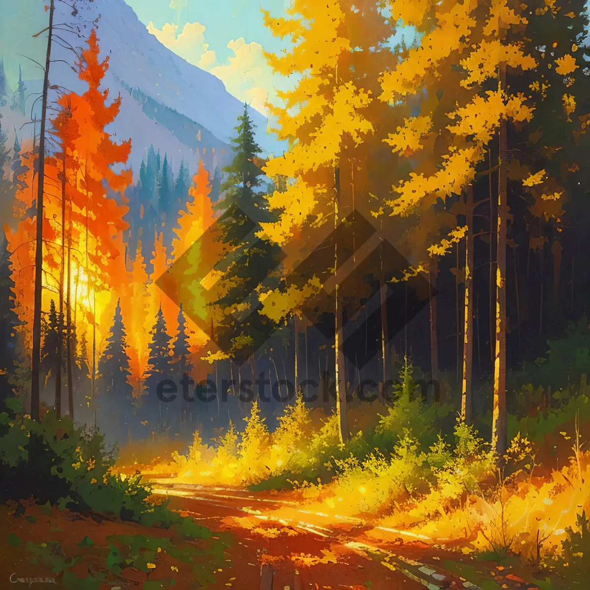 Picture of Golden Autumn Bliss: Majestic Fall Foliage in Sunlit Forest