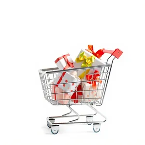 3D shopping cart with metal wheels at supermarket.