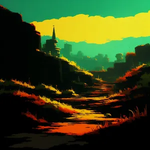 Sunset over desert canyon, orange sky
