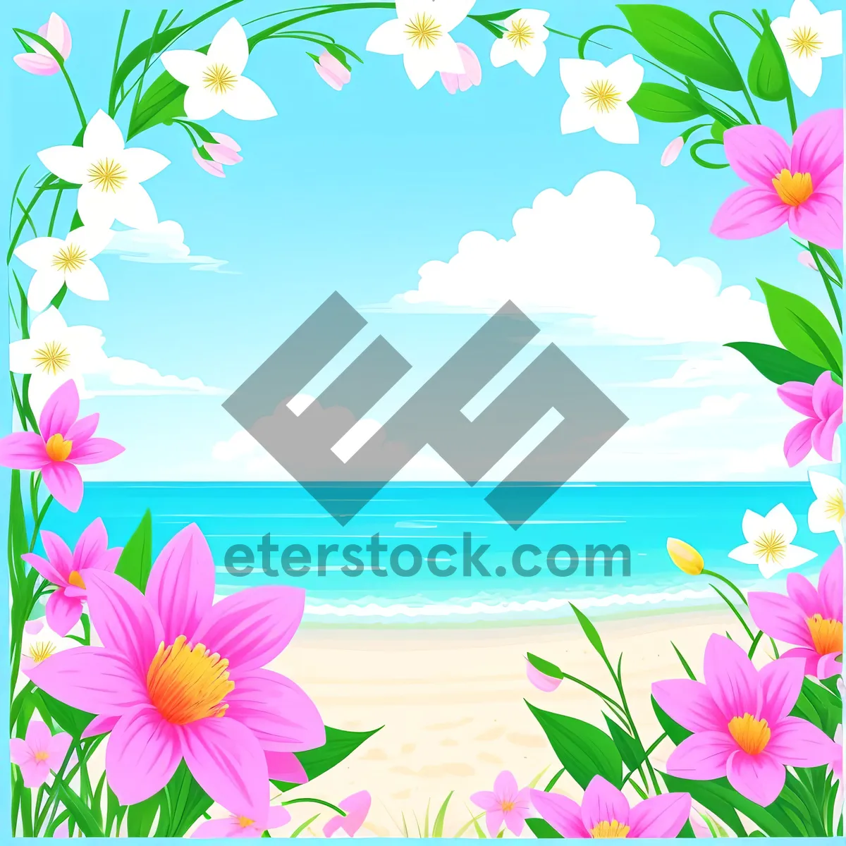 Picture of Floral Summer Garden: Pink Blossoms and Butterfly