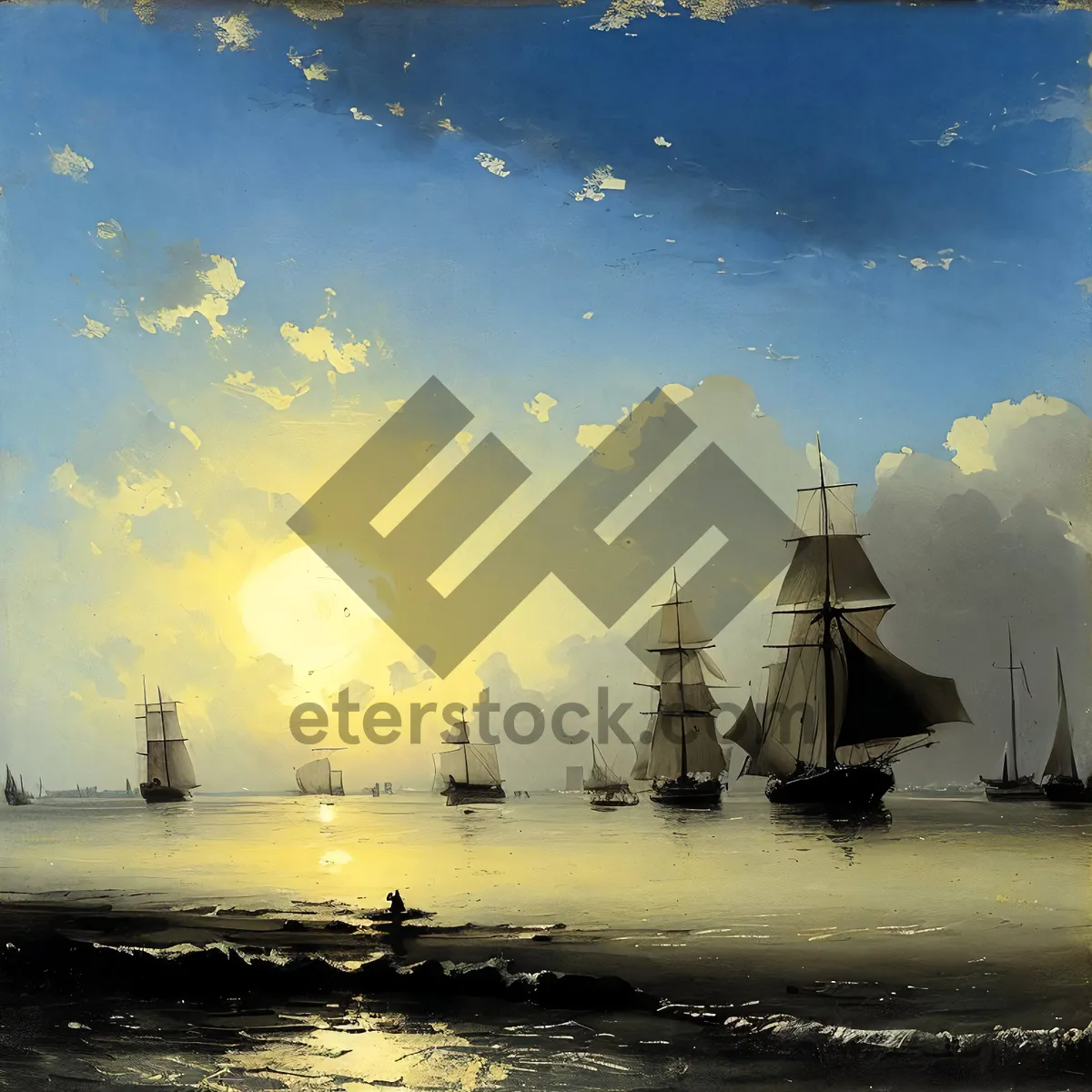 Picture of Sunset Arch on River with Ship and Windmill