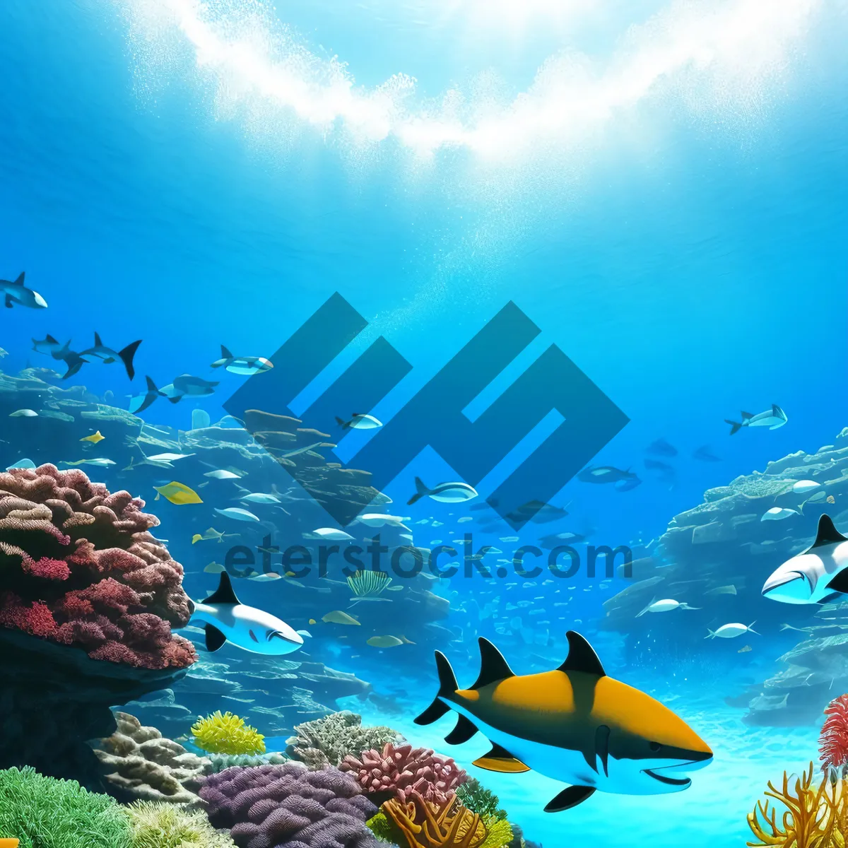 Picture of Colorful Tropical Fish in Sunlit Coral Reef.