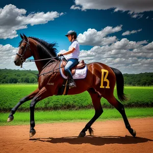 Thoroughbred horse riding with polo mallet