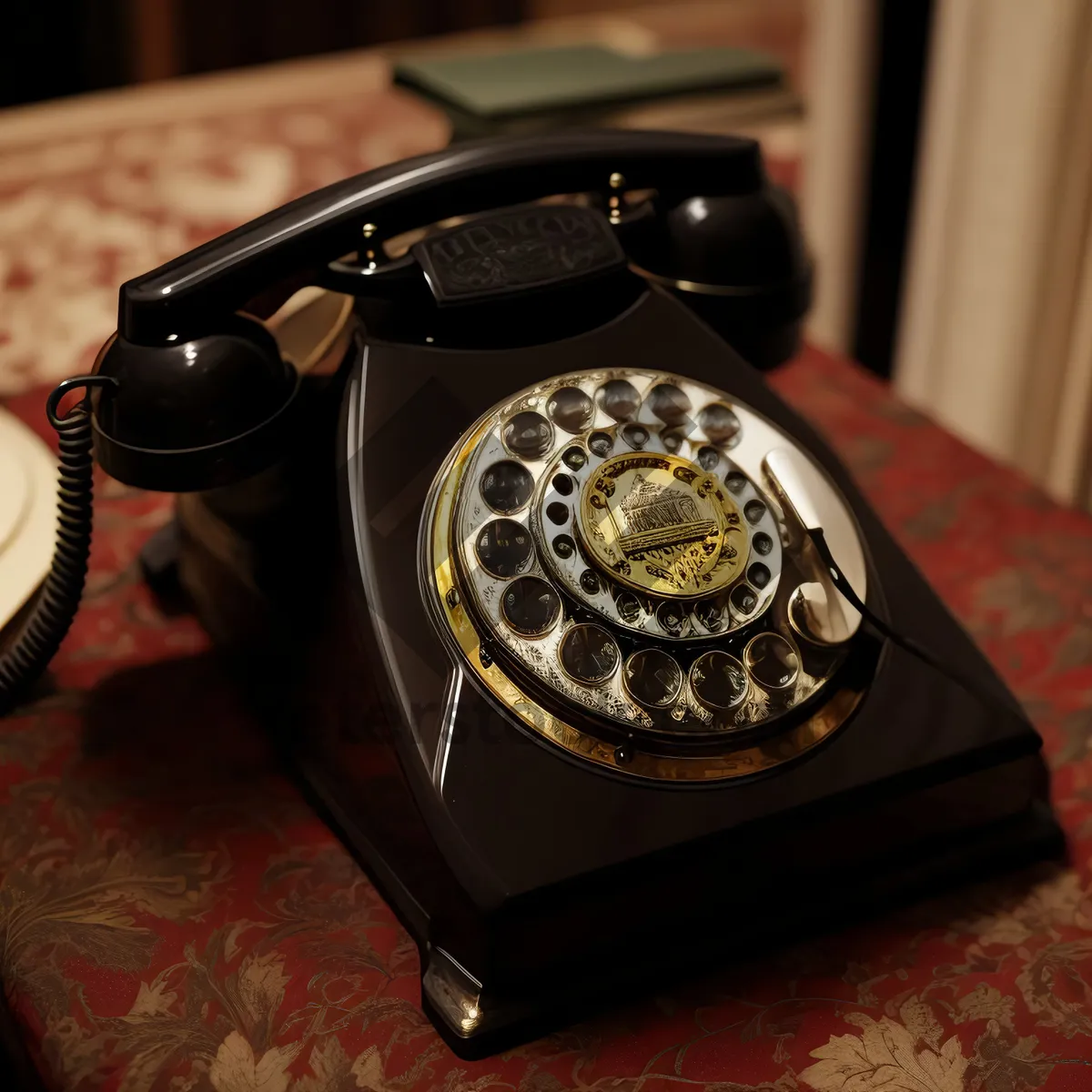 Picture of Vintage black rotary dial telephone in office setting.