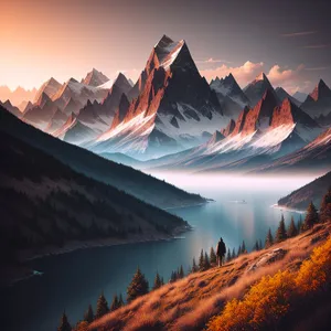 Majestic Mountain Valley at Sunset with Glacial Reflection