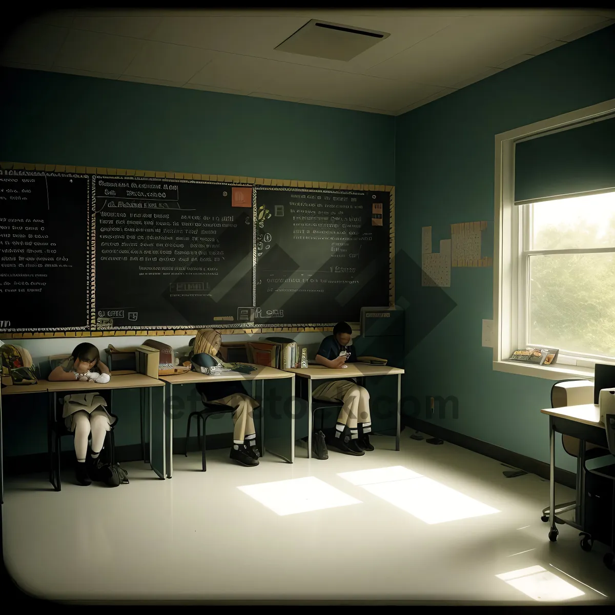 Picture of Modern Office Interior with Wood Table and Lamp