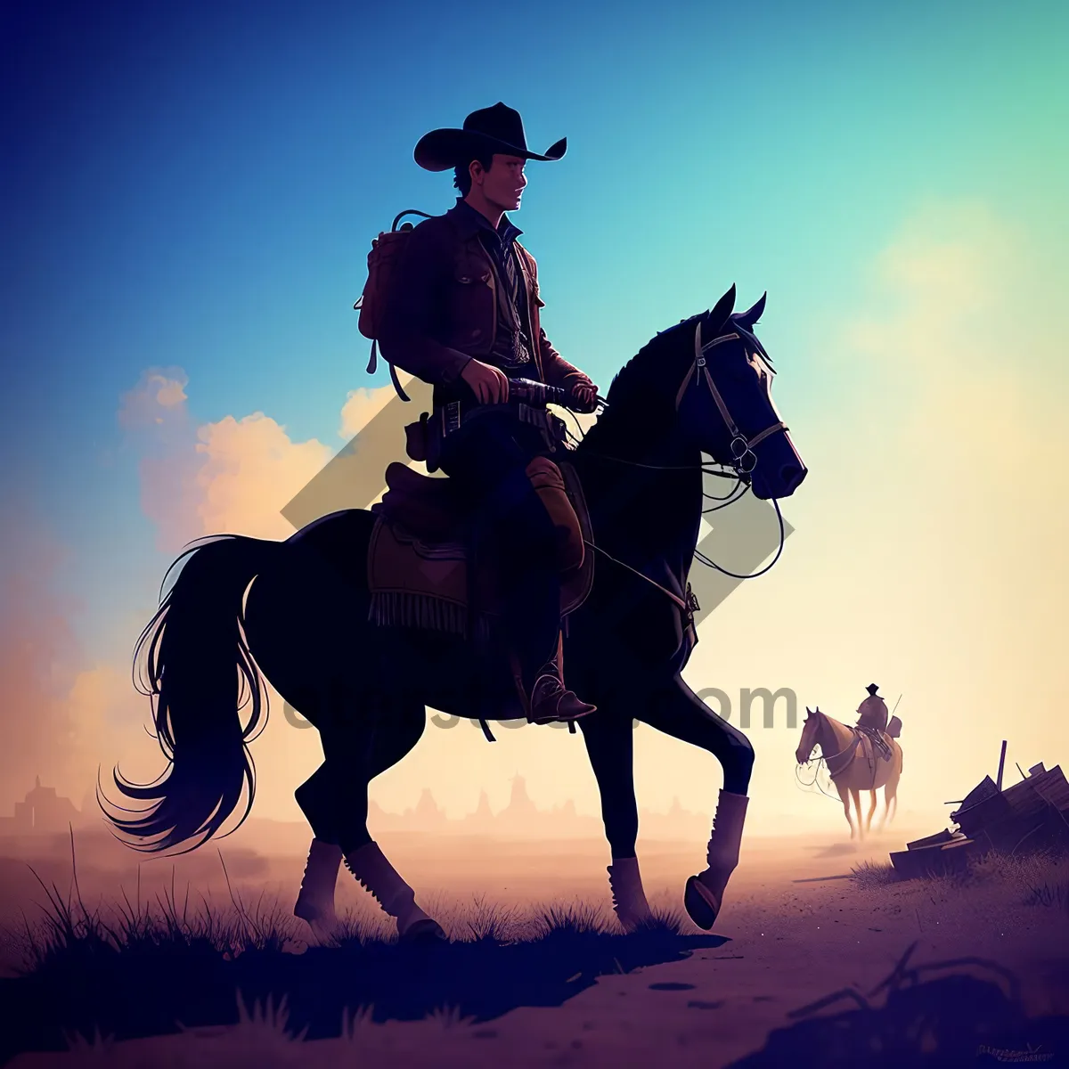 Picture of Sunset Cowboy Riding Stallion Silhouette