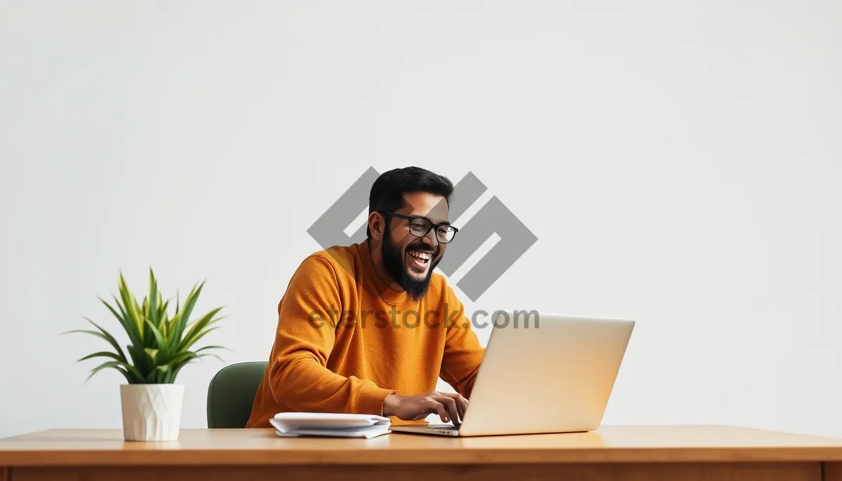 Picture of Smiling businessman working on laptop at office desk