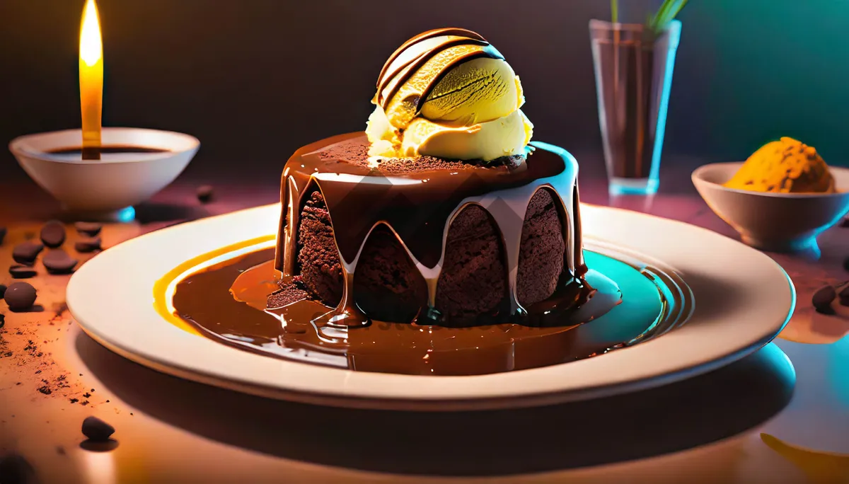 Picture of Delicious chocolate cake with sweet, fruity sauce spread