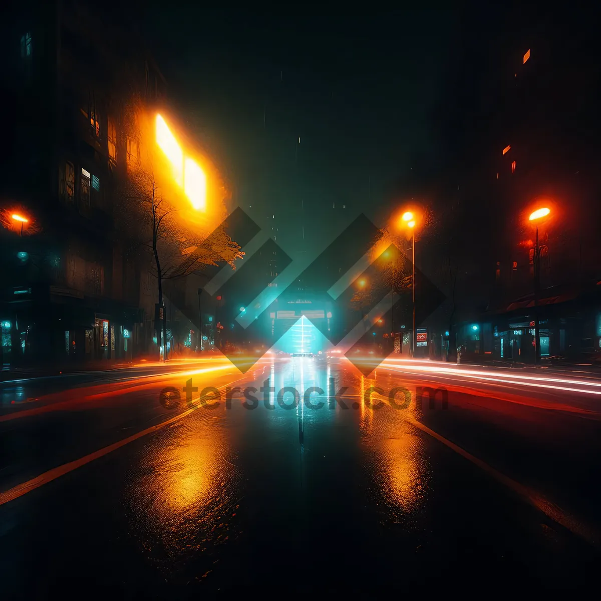 Picture of Night Time Cityscape with Illuminated River Bridge and Traffic Lights