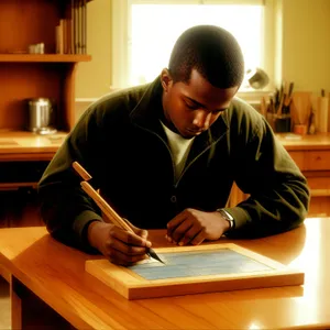 Happy professional working on laptop at home office.