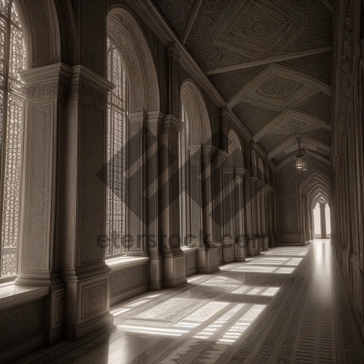 Picture of Medieval Catholic Church Interior with Stone Arches and Gothic Windows.