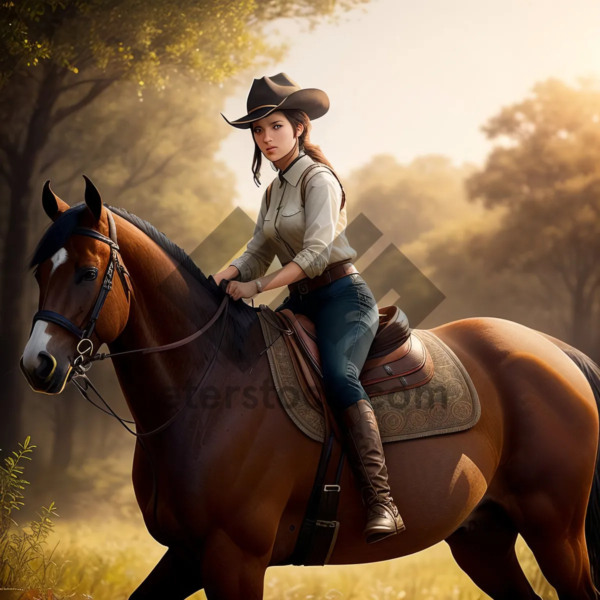 Picture of Brown Stallion with Stock Saddle - Equestrian Cowboy Riding Horse