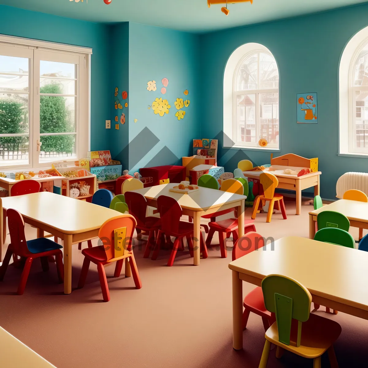 Picture of Modern Furnished Restaurant Interior with Wooden Tables and Chairs