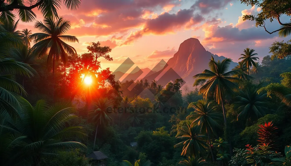 Picture of Orange sunset over mountain silhouette with trees