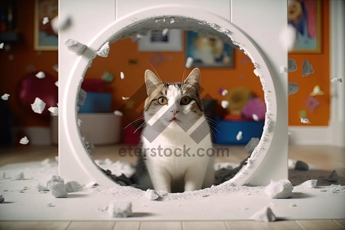 Picture of Curious Kitty Eyeing Gray Washer - Feline Appliance Admirer