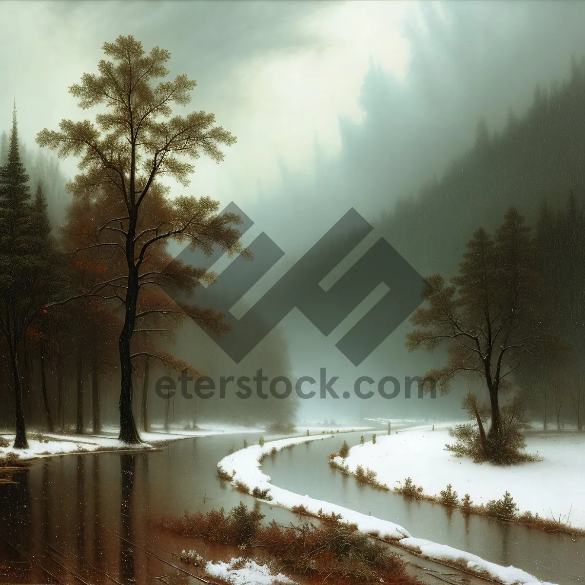 Picture of Winter park landscape with snowy trees and lake.