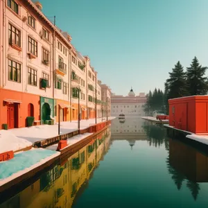 Historic cityscape with river and boathouses