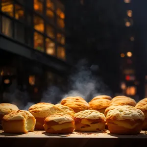 Bakery breakfast pastries and breads display.