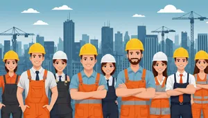 Professional team of construction workers in safety helmets